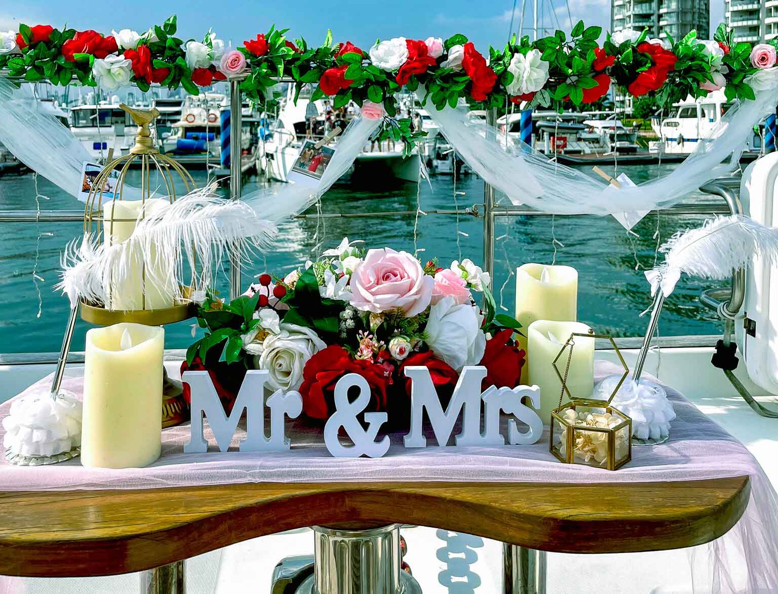 Yacht wedding decoration in Singapore with elegant decor