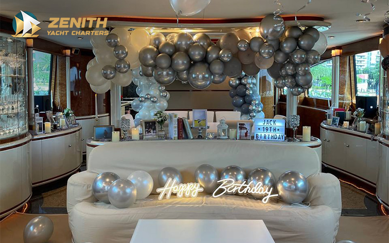 Yacht interior decorated for a birthday party.